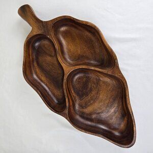 Vintage Monkey Pod Wood Leaf Serving Bowl  3 Sections Made in the Philippines